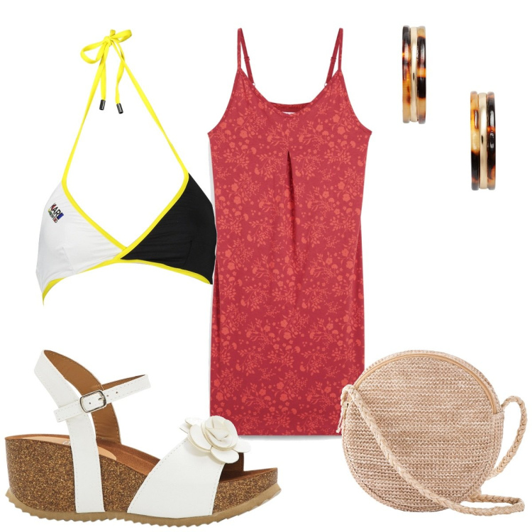 Outfit donna - Total look #1906266. Stile Trendy per Mare. Abbinamento con sandali, vestiti, borse a tracolla, orecchini, costumi.