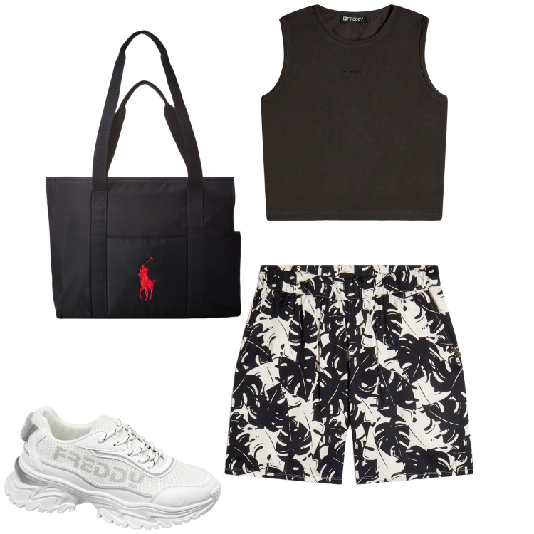 Outfit donna - Freddy. Stile Casual per Tutti i giorni. Abbinamento con top, pantaloni, sneakers, borse tote.