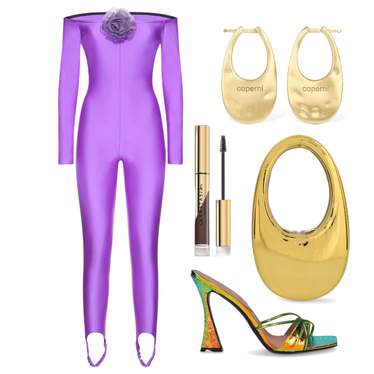 Outfit donna - Ghost outfitter - giugno. Stile Glamour per Serata fuori. Abbinamento con mascara, sandali in pelle, borse a mano, tute, orecchini.