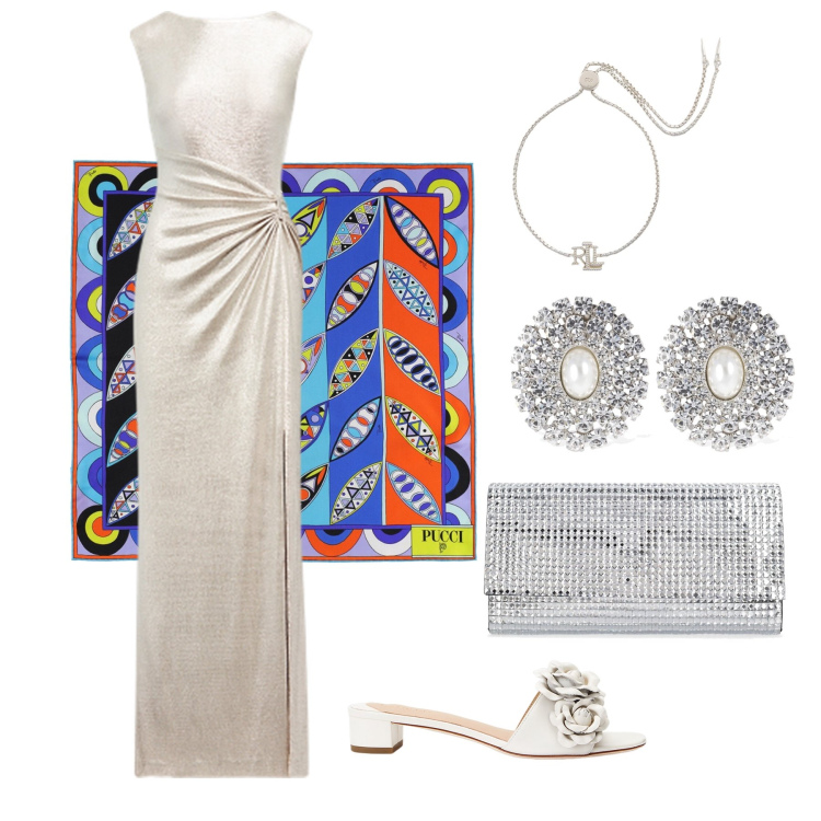 Outfit donna - Ghost outfitter - giugno. Stile Chic per Cerimonia. Abbinamento con braccialetti, vestiti, sandali in pelle, foulard, orecchini, pochette.