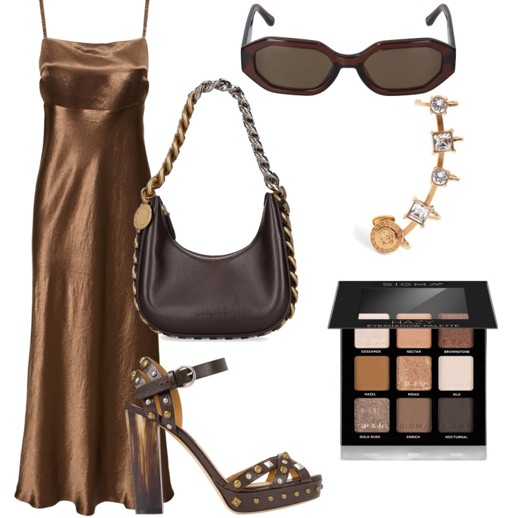 Outfit donna - Serata fuori con sandali gioiello. Stile Casual chic per Serata fuori. Abbinamento con ombretti, sandali in pelle, vestiti midi/longuette, borse a spalla, occhiali da sole, orecchini.