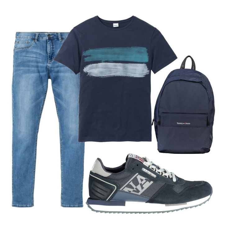 Outfit uomo - Total look #1906291. Stile Casual per Tutti i giorni. Abbinamento con t-shirt, jeans, scarpe sportive, borse sportive.