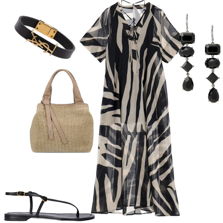 Outfit donna - Total look #1906293. Stile Casual chic per Tutti i giorni. Abbinamento con vestiti lunghi, sandali in pelle, orecchini, borse a mano, braccialetti.