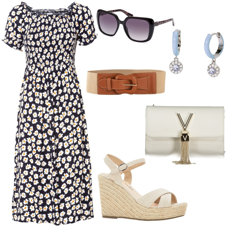 Outfit donna - Outside. Stile Casual chic per Tutti i giorni. Abbinamento con vestiti, sandali, cinture, orecchini, borse a tracolla, occhiali da sole.