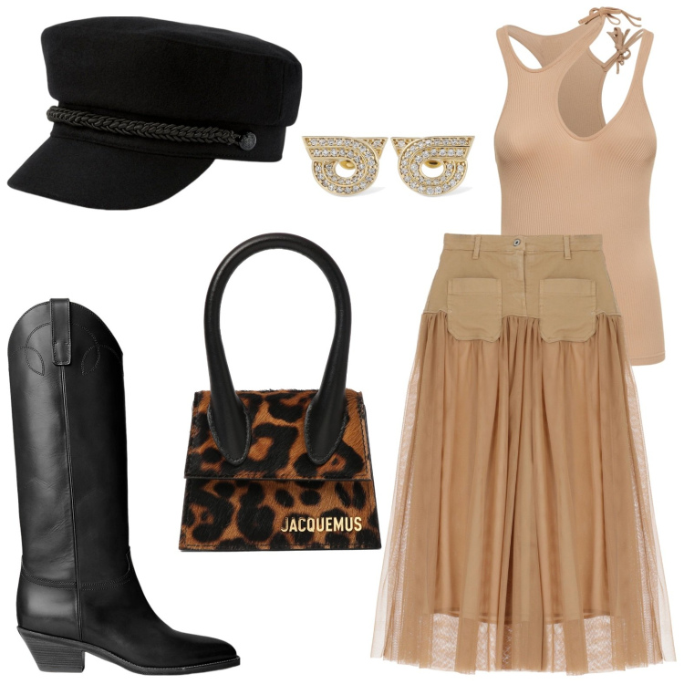 Outfit donna - Texani. Stile Bon Ton per Tutti i giorni. look ideale per Petite. Abbinamento con gonne lunghe, cappelli, stivali, borse a mano, top, orecchini.