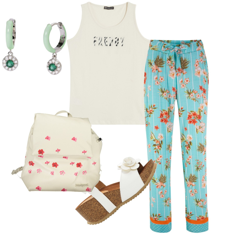 Outfit donna - Fiorita al centro commerciale. Stile Trendy per Tutti i giorni. Abbinamento con sandali, jeans dritti, orecchini, canottiere, zaini.