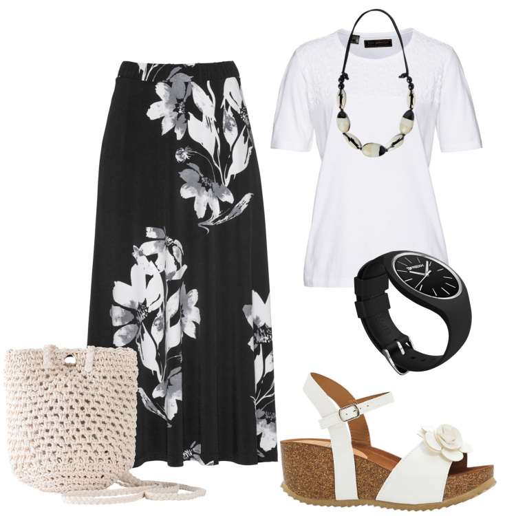 Outfit donna - Bianco e nero. Stile Casual per Tutti i giorni. Abbinamento con sandali, gonne, t-shirt, borse a tracolla, orologi, collane.