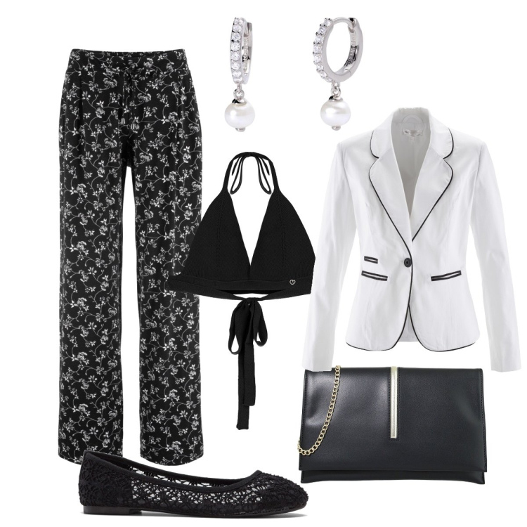 Outfit donna - Total look #1906331. Stile Glamour per Serata fuori. Abbinamento con pantaloni a palazzo, ballerine, blazer, orecchini, top, pochette.