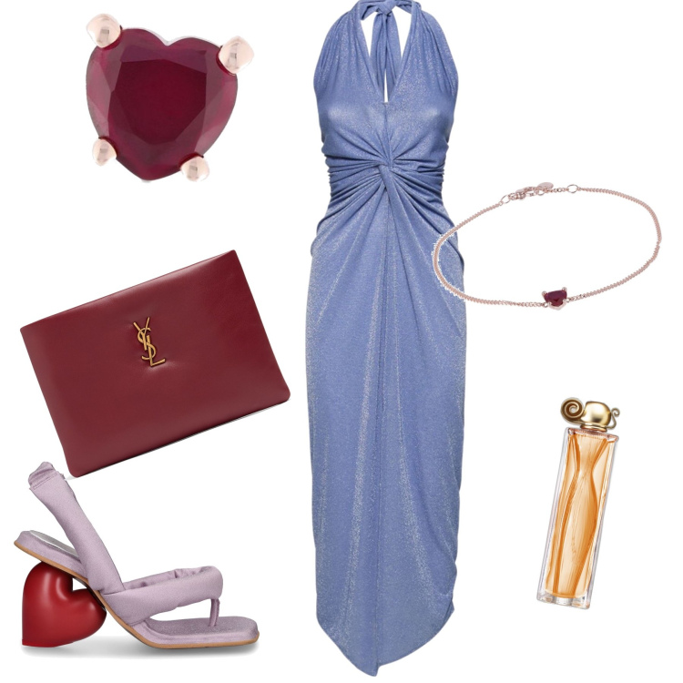 Outfit donna - Il mio cuore è per lui. Stile Glamour per Serata fuori. Abbinamento con profumi, vestiti, orecchini, pochette, sandali col tacco, braccialetti.