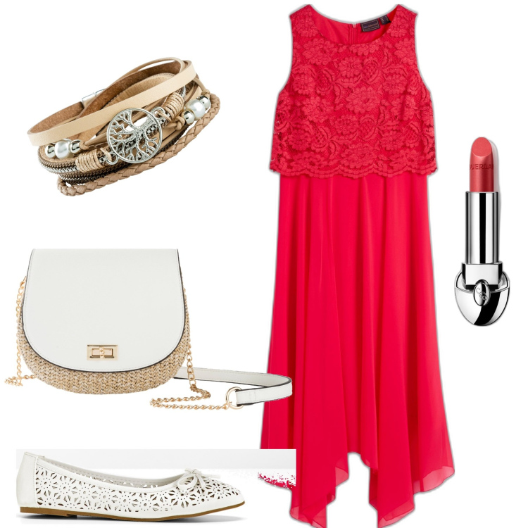 Outfit donna - Crochet. Stile Bon Ton per Serata fuori. Abbinamento con borse a tracolla, braccialetti, vestiti senza maniche, ballerine, rossetti.