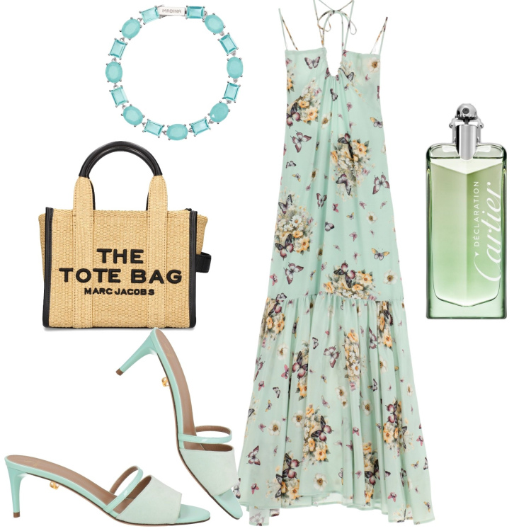 Outfit donna - Total look #1906345. Stile Romantica per Tutti i giorni. Abbinamento con sandali in pelle, profumi, braccialetti, vestiti lunghi, shopping bag.