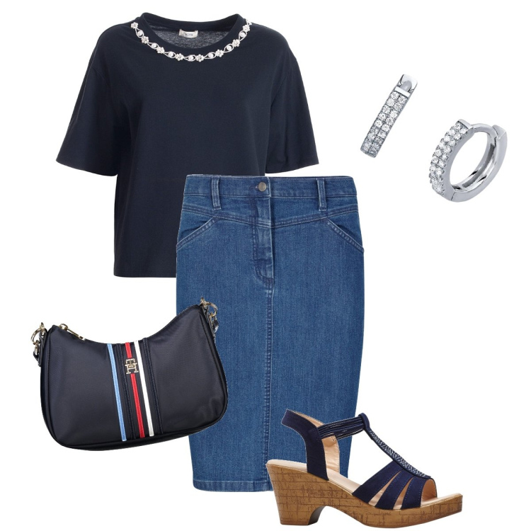 Outfit donna - La t-shirt chic. Stile Bon Ton per Ufficio. Abbinamento con gonne, sandali, orecchini, t-shirt, borse a tracolla.