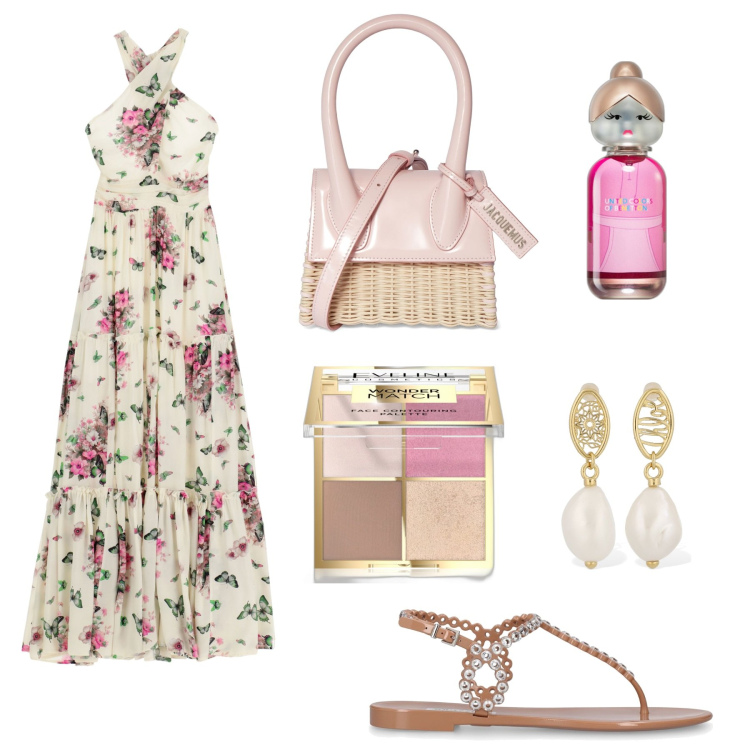 Outfit donna - L\'abito fresco e romantico. Stile Romantica per Serata fuori. Abbinamento con profumi, terre, vestiti lunghi, sandali, orecchini, borse a mano.