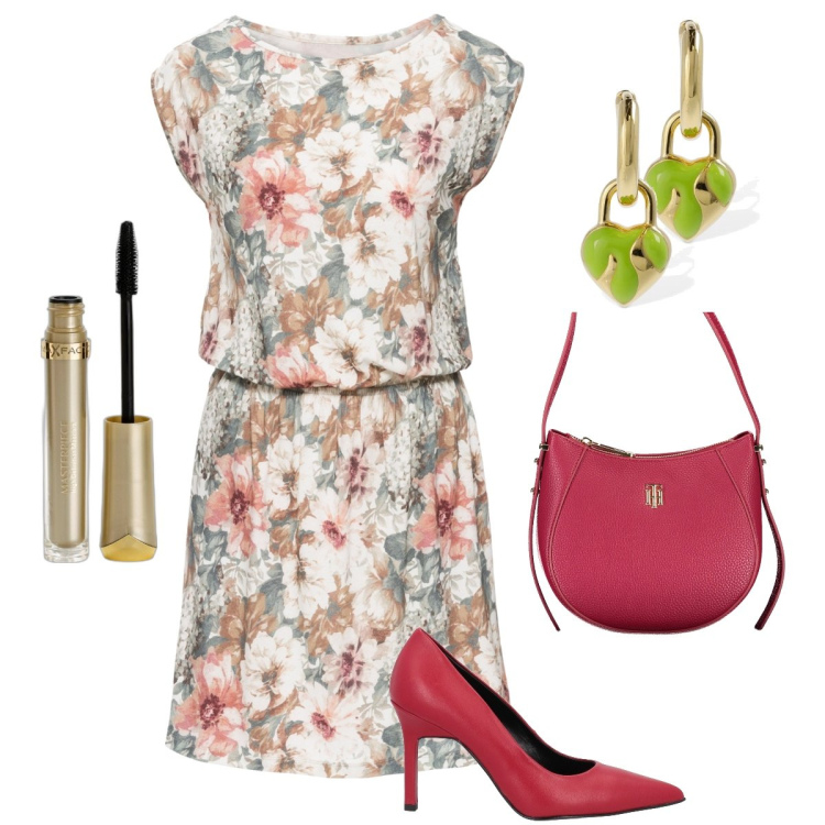 Outfit donna - Le décolleté rosse. Stile Romantica per Serata fuori. Abbinamento con vestiti senza maniche, décolleté, mascara, borse a tracolla, orecchini.