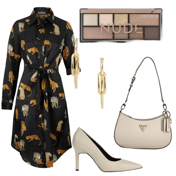 Outfit donna - Evening out. Stile Chic per Serata fuori. Abbinamento con vestiti chemisier, décolleté, ombretti, orecchini, borse a spalla.