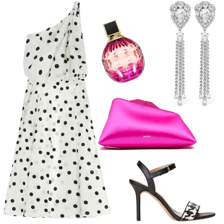 Outfit donna - Il completo a pois. Stile Chic per Cerimonia. Abbinamento con profumi, gonne lunghe, top, sandali in pelle, pochette, orecchini.