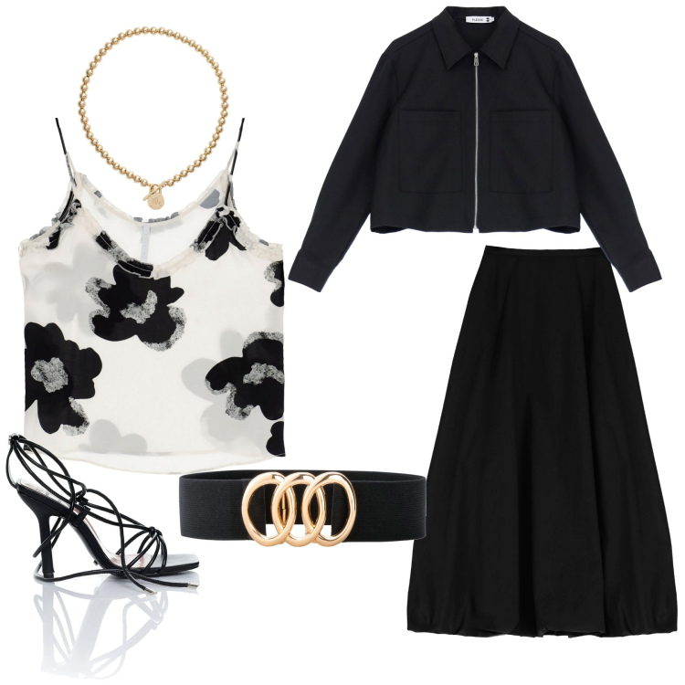 Outfit donna - Serata sul lungomare. Stile Casual chic per Serata fuori. Abbinamento con cinture, sandali alla schiava, blazer, gonne longuette, top, collane.