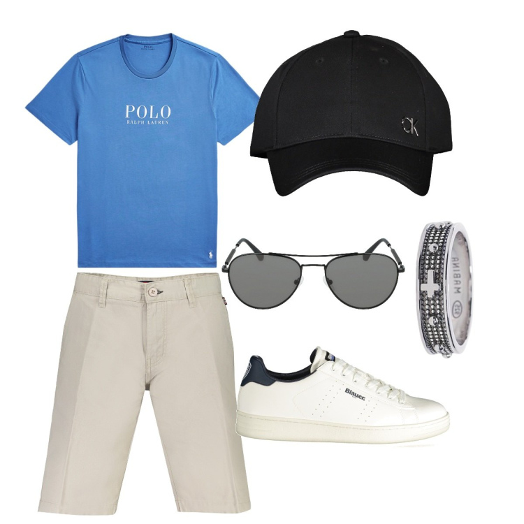 Outfit uomo - Easy chic. Stile Casual per Tutti i giorni. Abbinamento con anelli, t-shirt, sneakers, occhiali da sole, bermuda, cappelli con visiera.