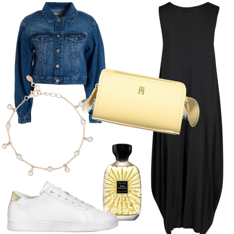 Outfit donna - Estate tardiva. Stile Casual per Tutti i giorni. Abbinamento con vestiti lunghi, sneakers, profumi, braccialetti, giacche, borse a tracolla.