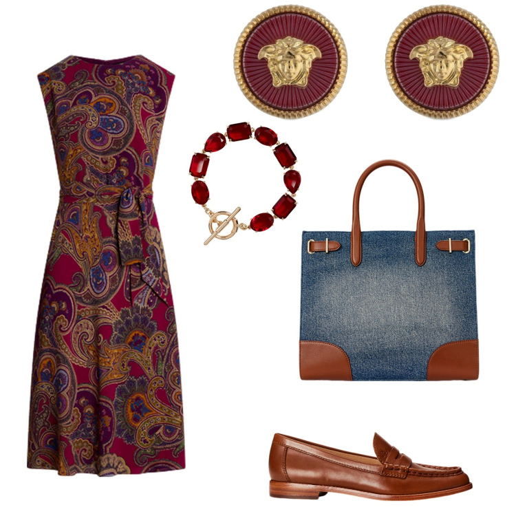 Outfit donna - Pronta da mattina a sera. per Serata fuori. Abbinamento con mocassini, borse tote, braccialetti, vestiti, orecchini.