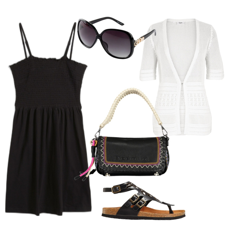 Outfit donna - da mattina a sera in vacanza. Stile Trendy per Tutti i giorni. Abbinamento con vestiti, sandali in pelle, occhiali da sole, cardigans, borse a spalla.