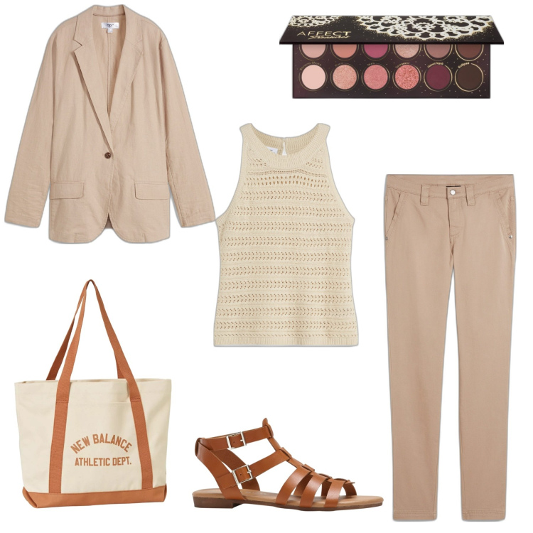 Outfit donna - Semplice. Stile Minimal per Ufficio. Abbinamento con pantaloni, sandali, top, blazer, ombretti, borse tote.