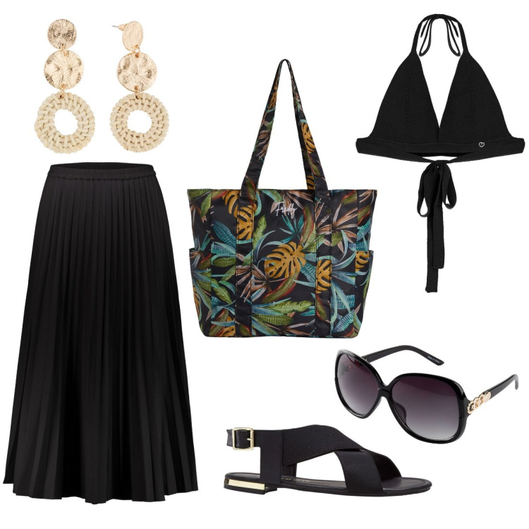 Outfit donna - The Holiday of a Dark Lady. Stile Sexy per Mare. Abbinamento con sandali, orecchini, occhiali da sole, top, shopping bag, gonne lunghe.