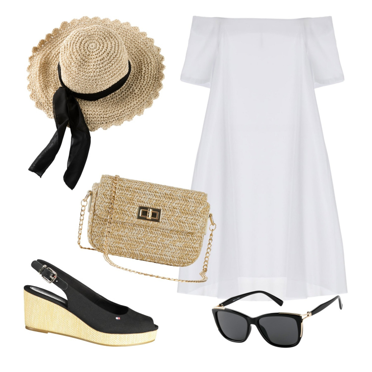 Outfit donna - Abito bianco. Stile Casual per Tutti i giorni. Abbinamento con cappelli, borse a mano, occhiali da sole, vestiti corti, sandali col tacco.
