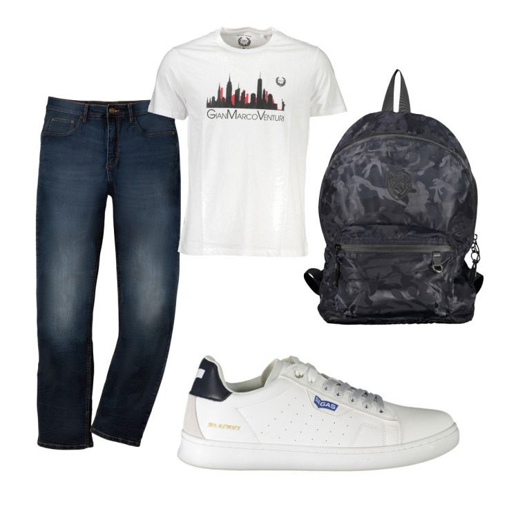 Outfit uomo - Total look #1906443. Stile Casual per Tutti i giorni. Abbinamento con jeans dritti, borse sportive, t-shirt, sneakers.