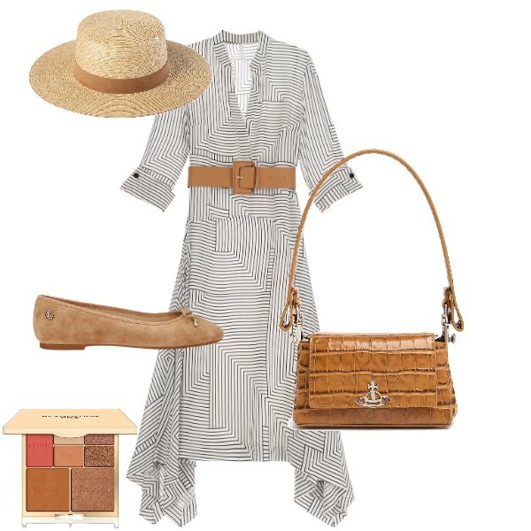 Outfit donna - coloniale ma non troppo. Stile Casual chic per Tutti i giorni. Abbinamento con blush, vestiti asimmetrici, ballerine, cappelli, borse a spalla.
