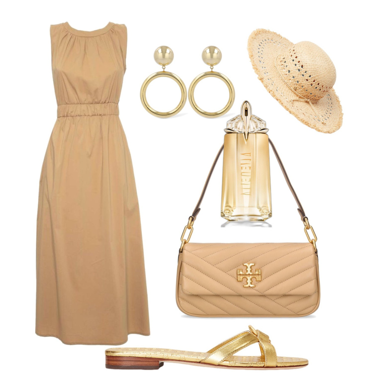 Outfit donna - Aperitivo a Firenze. Stile Glamour per Tutti i giorni. Abbinamento con profumi, ciabatte, cappelli, vestiti lunghi, orecchini, borse a spalla.