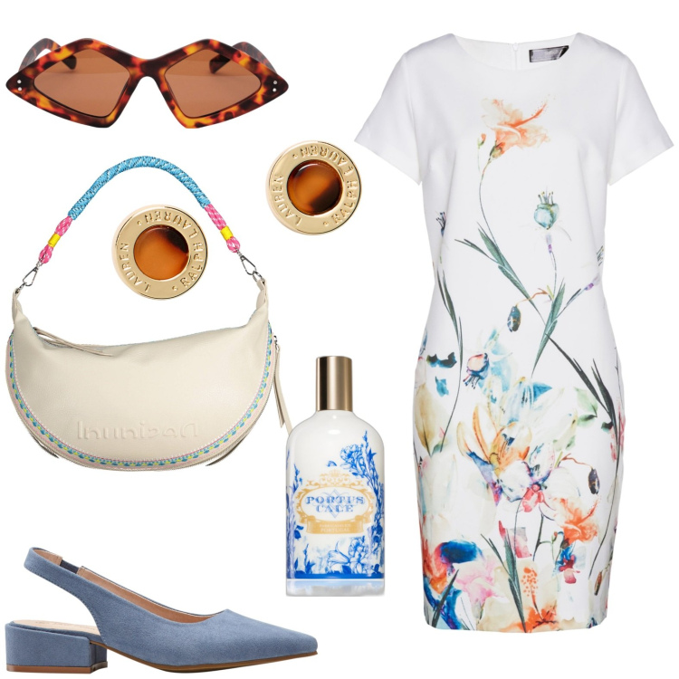 Outfit donna - Total look #1906501. Stile Casual per Tutti i giorni. Abbinamento con décolleté, vestiti a tubino, profumi, orecchini, borse a spalla, occhiali da sole.