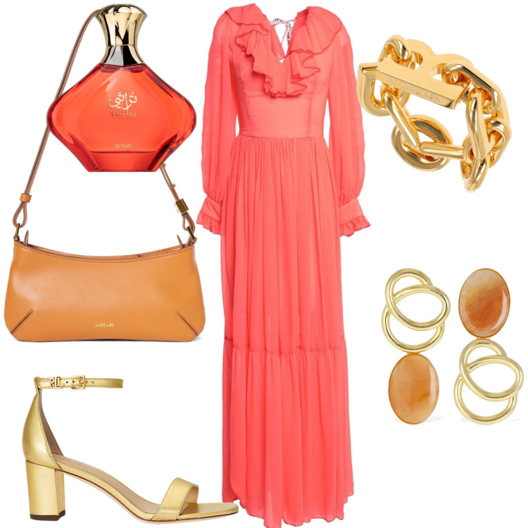 Outfit donna - Total look #1906502. Stile Chic per Serata fuori. Abbinamento con vestiti lunghi, profumi, sandali in pelle, orecchini, borse a spalla, anelli.