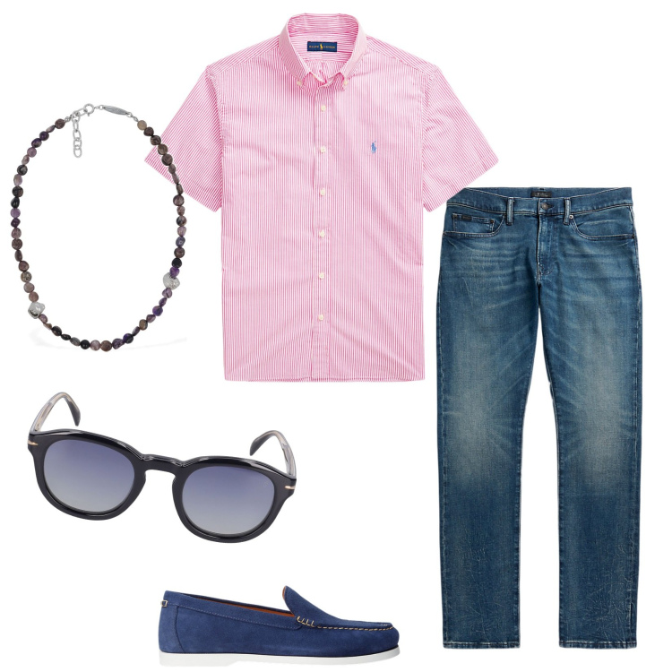 Outfit uomo - La camicia rosa. Stile Casual per Tutti i giorni. Abbinamento con scarpe stringate, jeans, camicie a manica corta, occhiali da sole, collane.