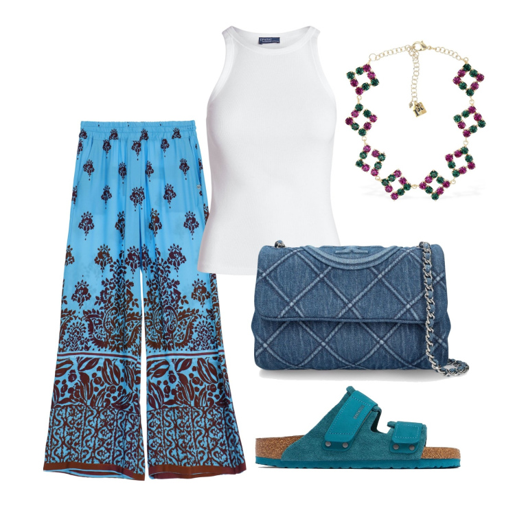 Outfit donna - Ghost outfitter - giugno. Stile Boho per Tutti i giorni. Abbinamento con pantaloni a palazzo, canottiere, sandali, borse a spalla, collane.