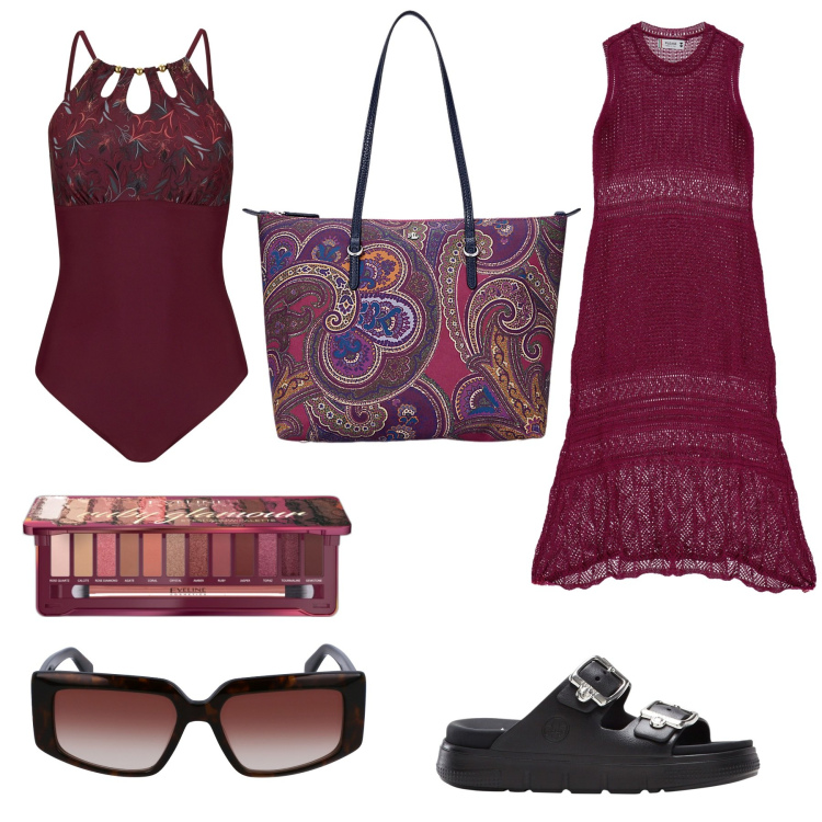 Outfit donna - In rosso scuro. Stile Etnico per Mare. Abbinamento con ciabatte, costumi interi, ombretti, vestiti lunghi, borse tote, occhiali da sole.