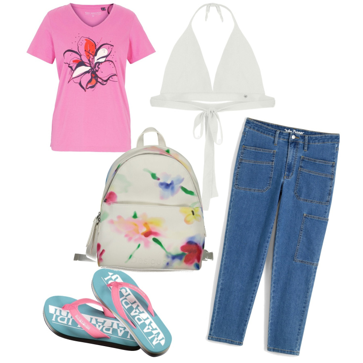Outfit donna - In jeans verso il mare. Stile Basic per Mare. Abbinamento con t-shirt, jeans, top, infradito, zaini.