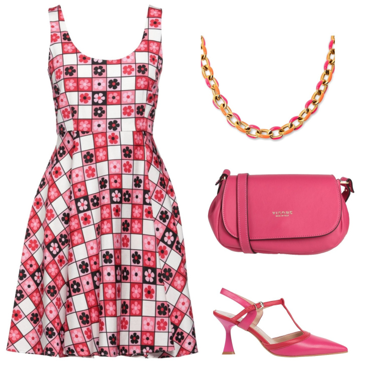 Outfit mujer - Fiesta de cumpleaños. Estilo años 70 para Todos los días. Combinación con vestidos cortos, bandoleras, collares, salones.