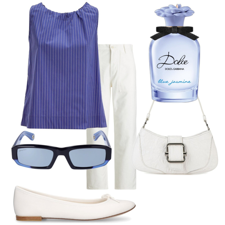 Outfit donna - Total look #1906562. Stile Casual chic per Tutti i giorni. Abbinamento con profumi, pantaloni, top, borse a spalla, occhiali da sole, ballerine.