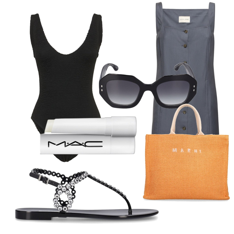 Outfit donna - Il mio sandalo. Stile Trendy per Mare. Abbinamento con gloss, costumi interi, occhiali da sole, vestiti, shopping bag, sandali.