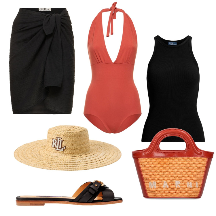 Outfit donna - Total look #1906588. Stile Casual chic per Mare. Abbinamento con canottiere, sandali col tacco, cappelli, minigonne, costumi interi, shopping bag.