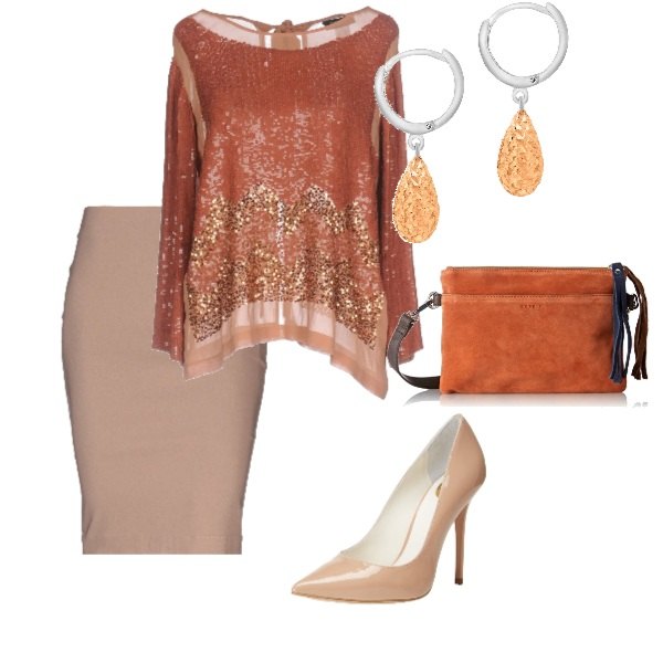 Outfit donna - Total look #190659. per Cerimonia. Abbinamento con bluse, gonna al ginocchio con zip interno sfoderato tinta unita, scarpe con tacco in pelle beige, pochette arancione, orecchini pendenti oro.