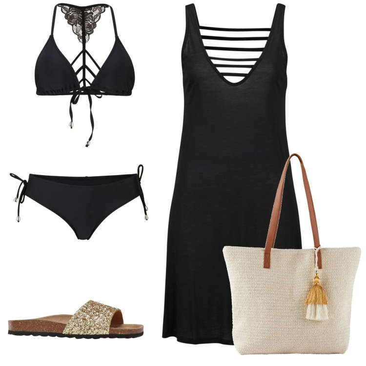 Outfit donna - Summer time. Stile Boho per Mare. Abbinamento con vestiti da spiaggia, bikini, shopping bag, ciabatte.