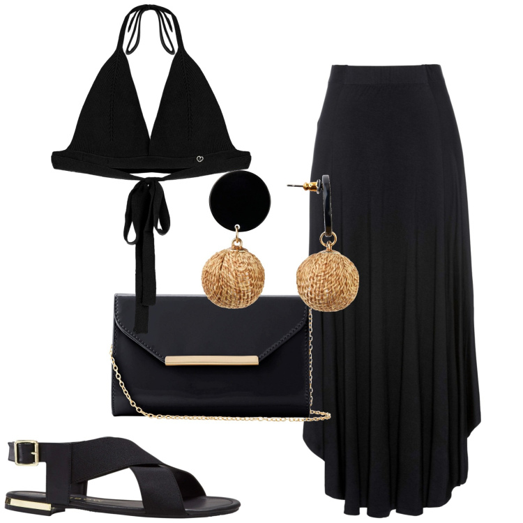 Outfit donna - Total look #1906593. Stile Trendy per Tutti i giorni. Abbinamento con gonne, orecchini, sandali, pochette, top.