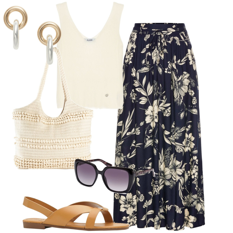 Outfit donna - City. Stile Romantica per Tutti i giorni. Abbinamento con gonne lunghe, sandali, shopping bag, top, orecchini, occhiali da sole.