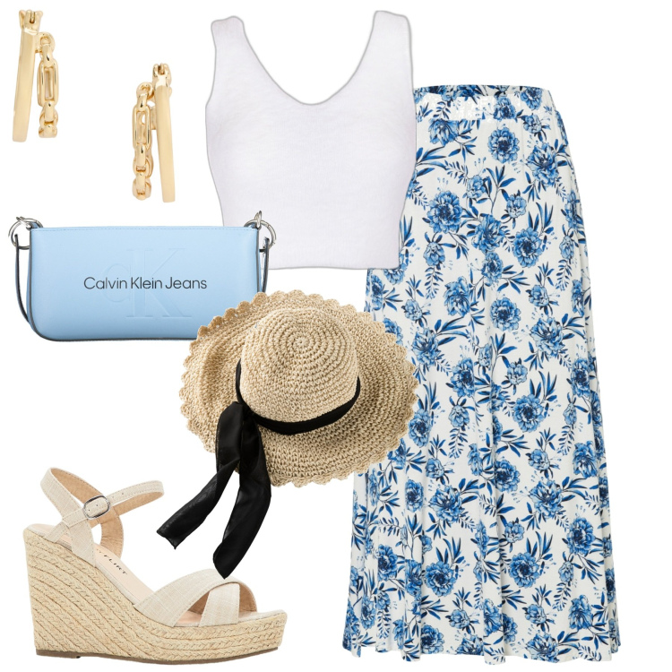 Outfit donna - Summertime. Stile Romantica per Tutti i giorni. Abbinamento con cappelli, gonne, sandali, top, orecchini, borse a spalla.