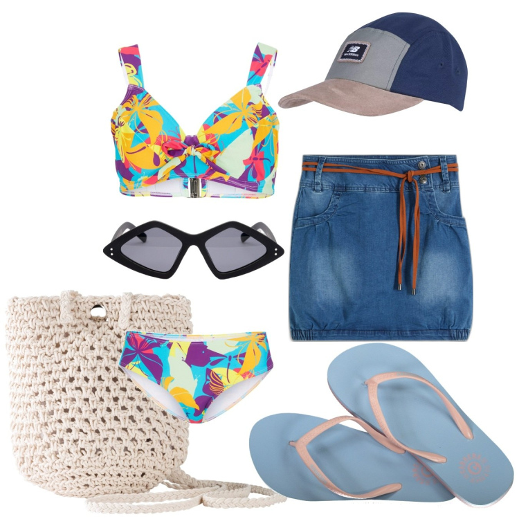 Outfit donna - Giorno e sera. Stile Boho per Mare. Abbinamento con minigonne, borse a tracolla, bikini, cappelli, infradito, occhiali da sole.