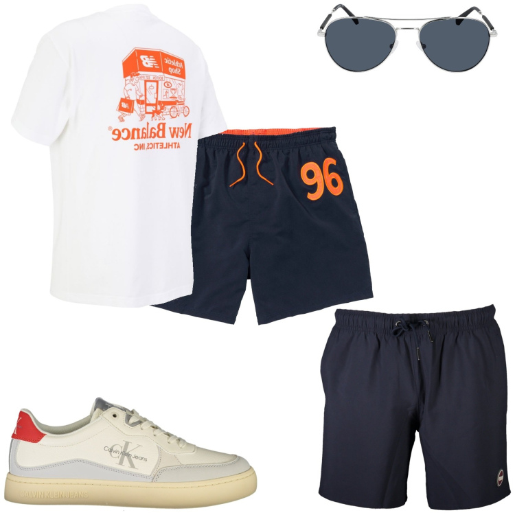 Outfit uomo - Vado al mare. Stile Urban per Mare. Abbinamento con pantaloni corti, t-shirt, sneakers, occhiali da sole, costumi.