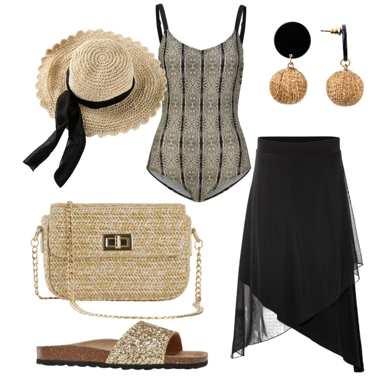 Outfit donna - Summer time. Stile Boho per Mare. Abbinamento con orecchini, cappelli, gonne, costumi interi, borse a mano, ciabatte.