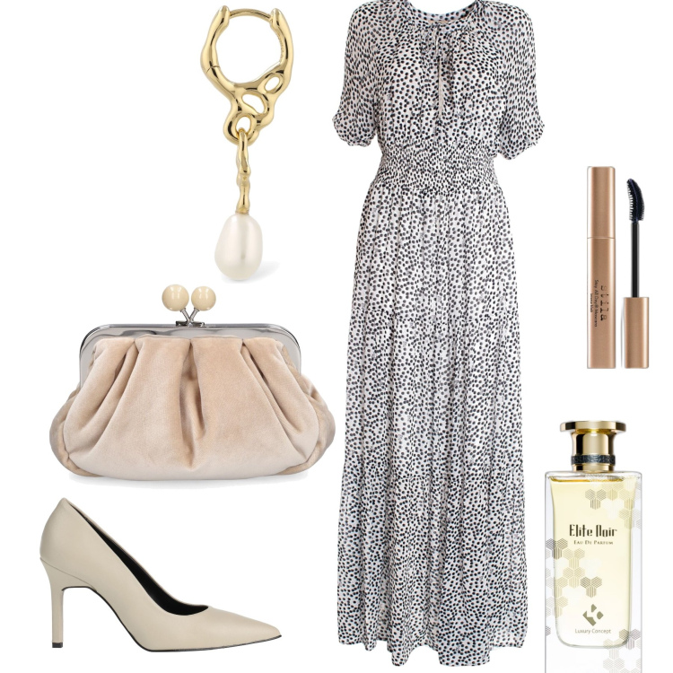 Outfit donna - Che sconti per la cerimonia. Stile Chic per Cerimonia. Abbinamento con décolleté, profumi, mascara, vestiti lunghi, pochette, orecchini.